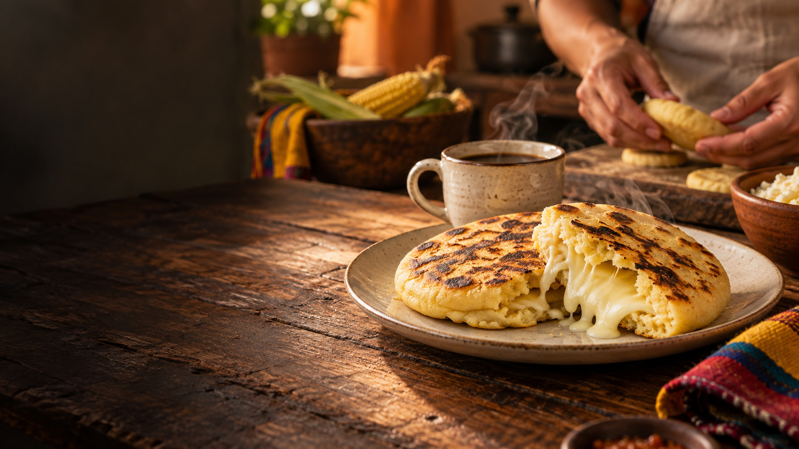 Arepas artesanales de maíz con queso y café colombiano